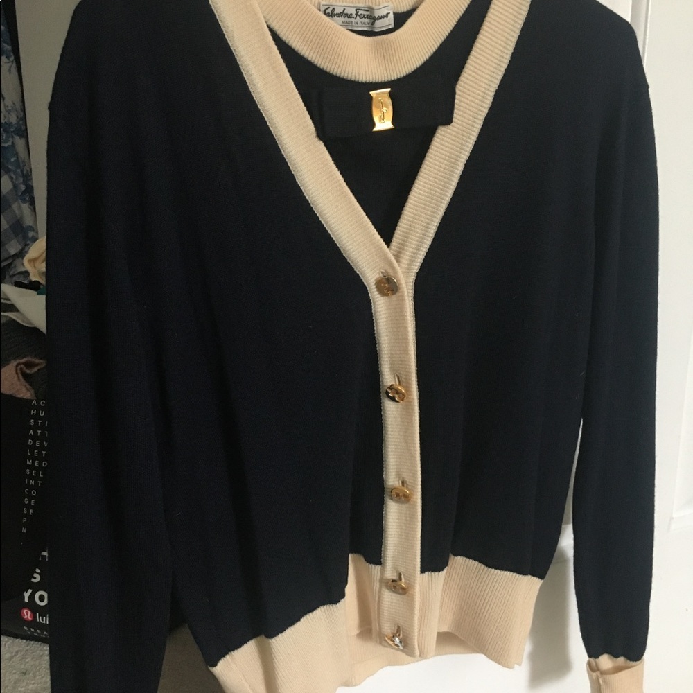 Salvatore Ferragamo twinset cardigan sweater in navy blue with Ivory/ beige,